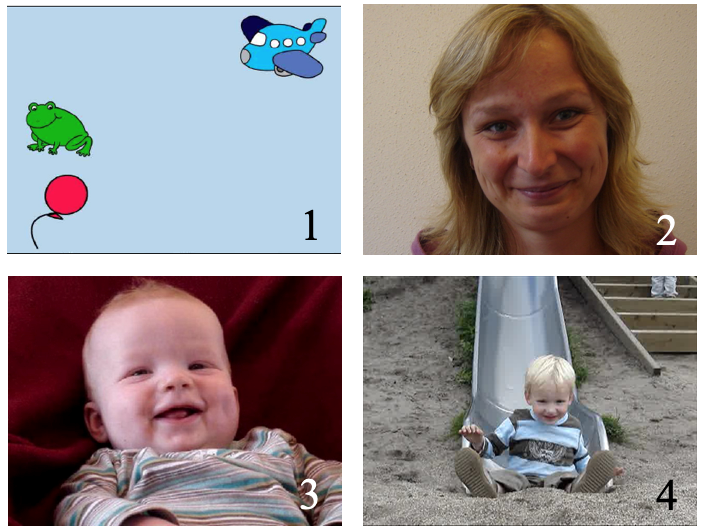 Visual stimuli presented during the pre- and posttest, habituation and test phase. Picture 1 is an example of the visual stimuli during pre-and posttest; 2 is an example of a female face used during habitation and test trials; 3 is a still of the attention getter between habituation trials and 4 is a still of the attention getter between test trials.